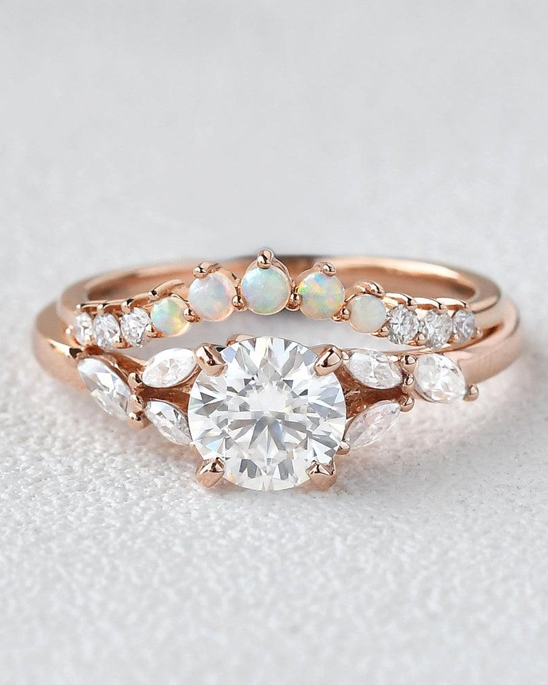 Moissanite & Opal Rose Gold Ring Set 2pcs - Felicegals