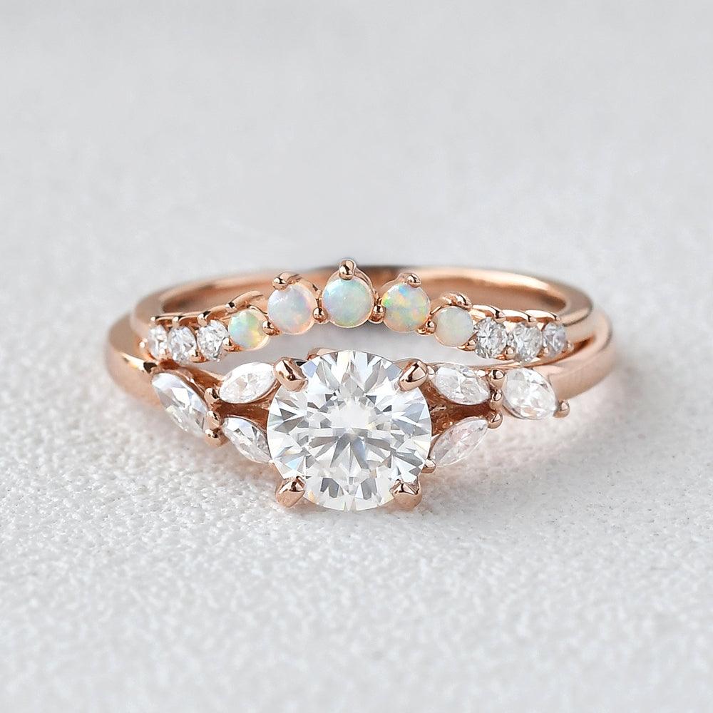 Moissanite & Opal Rose Gold Ring Set 2pcs - Felicegals