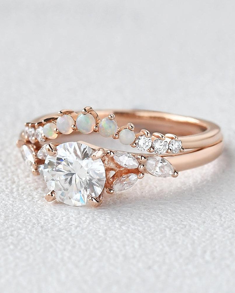 Moissanite & Opal Rose Gold Ring Set 2pcs - Felicegals