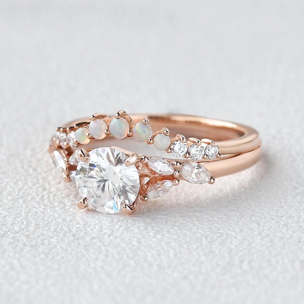 Moissanite & Opal Rose Gold Ring Set 2pcs - Felicegals