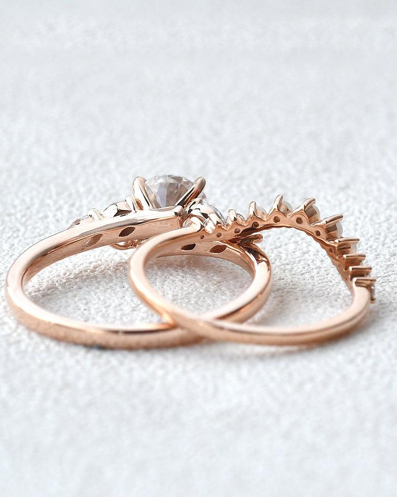 Moissanite & Opal Rose Gold Ring Set 2pcs - Felicegals