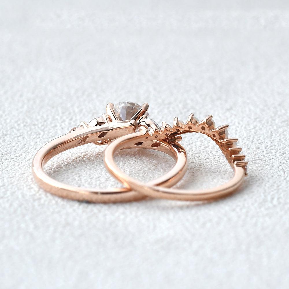 Moissanite & Opal Rose Gold Ring Set 2pcs - Felicegals