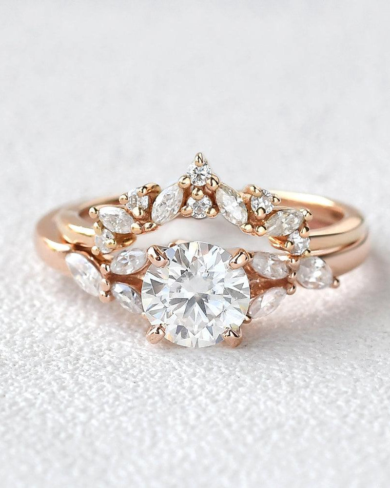 1CT Round Cut Moissanite Rose Gold Ring Set 2pcs - Felicegals