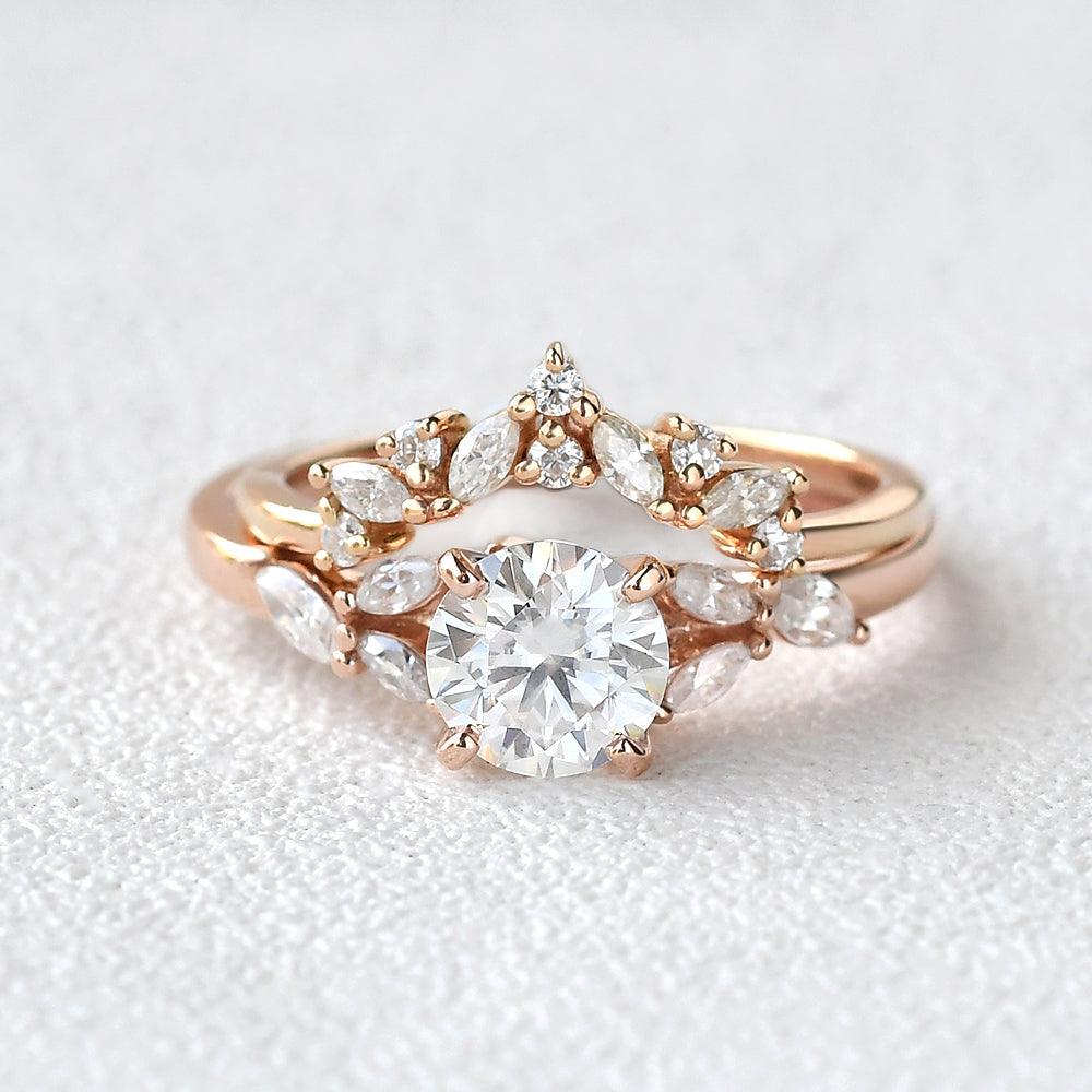 1CT Round Cut Moissanite Rose Gold Ring Set 2pcs - Felicegals