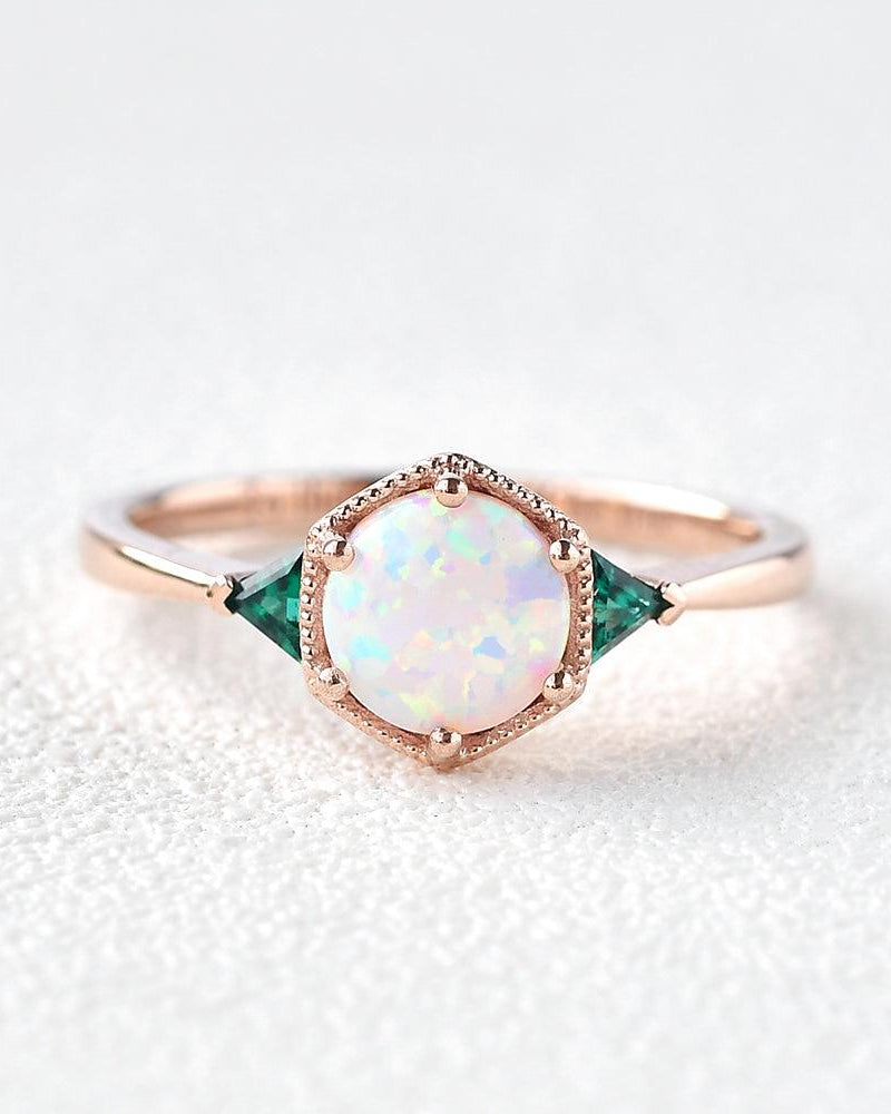 Lab Opal & Emerald Rose Gold Ring - Felicegals