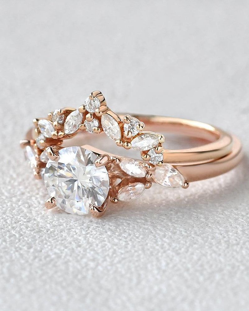 1CT Round Cut Moissanite Rose Gold Ring Set 2pcs - Felicegals