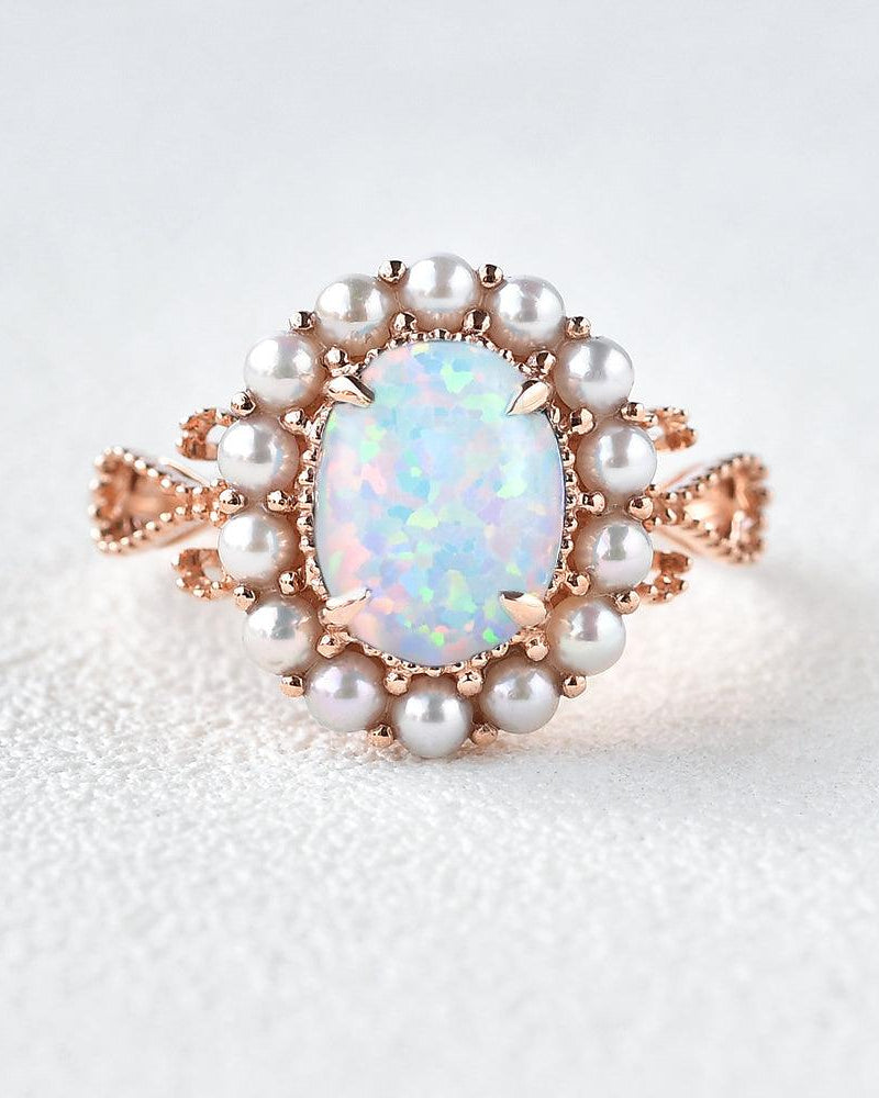 Oval Cut Lab Opal & Pearls Halo Rose Gold Ring - Felicegals 丨Wedding ring 丨Fashion ring 丨Diamond ring 丨Gemstone ring--Felicegals