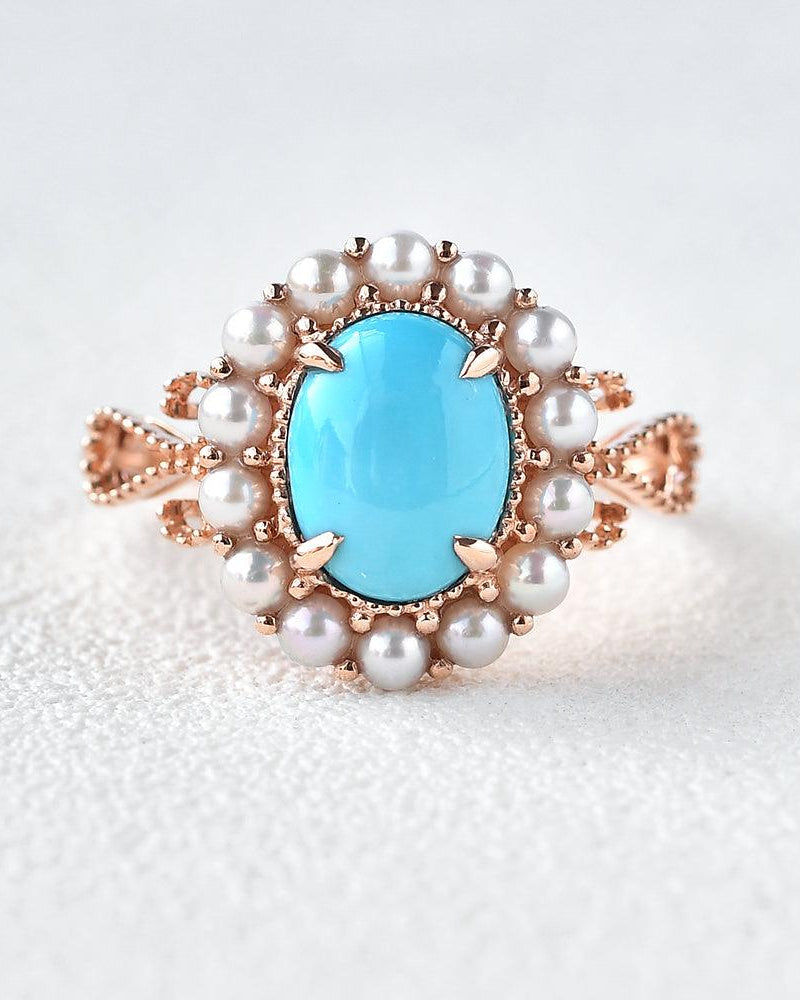 Turquoise & Pearls Rose Gold Ring - Felicegals