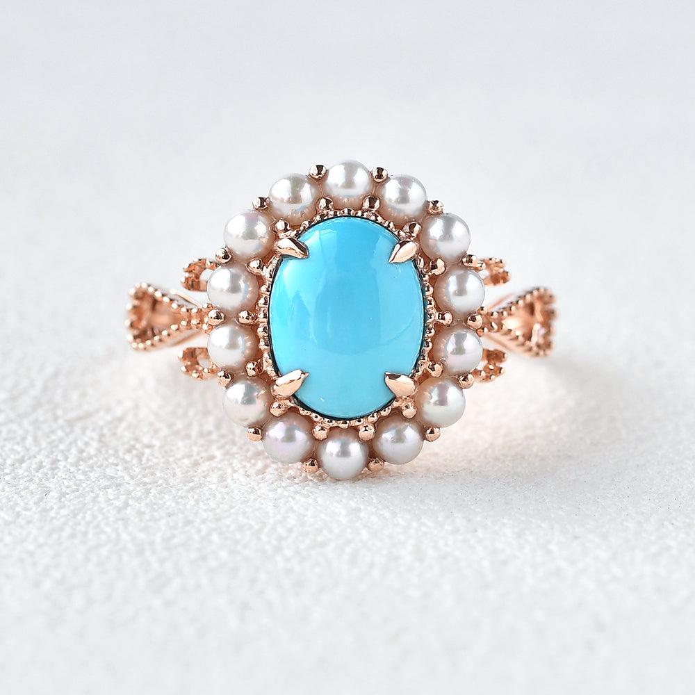 Turquoise & Pearls Rose Gold Ring - Felicegals