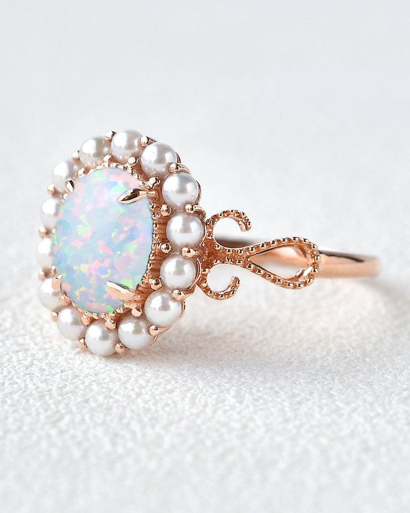 Oval Cut Lab Opal & Pearls Halo Rose Gold Ring - Felicegals 丨Wedding ring 丨Fashion ring 丨Diamond ring 丨Gemstone ring--Felicegals