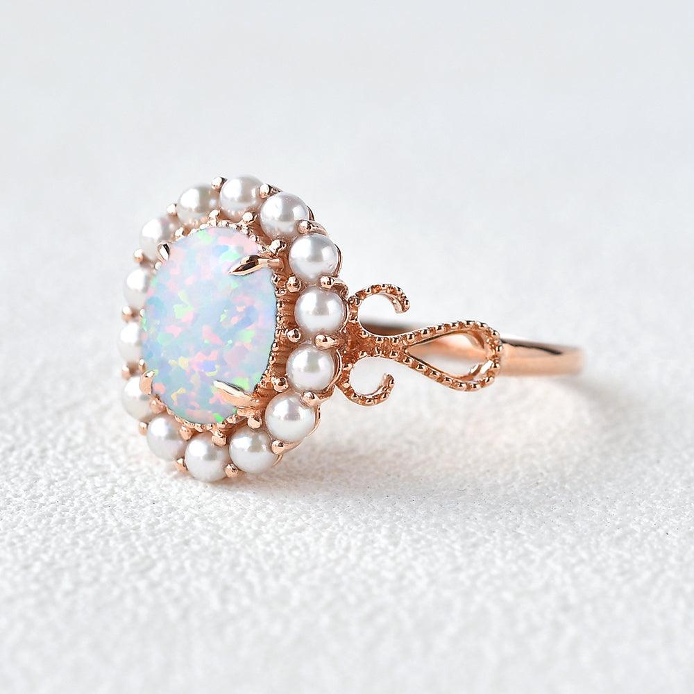 Oval Cut Lab Opal & Pearls Halo Rose Gold Ring - Felicegals 丨Wedding ring 丨Fashion ring 丨Diamond ring 丨Gemstone ring--Felicegals