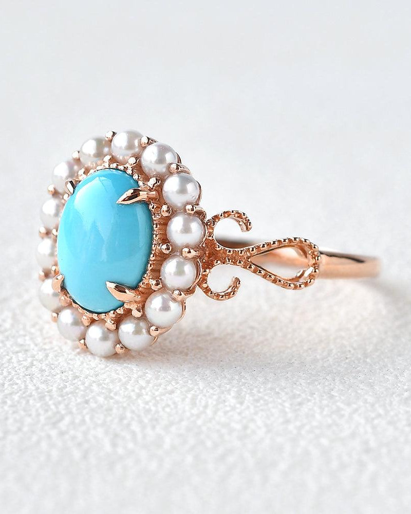 Turquoise & Pearls Rose Gold Ring - Felicegals