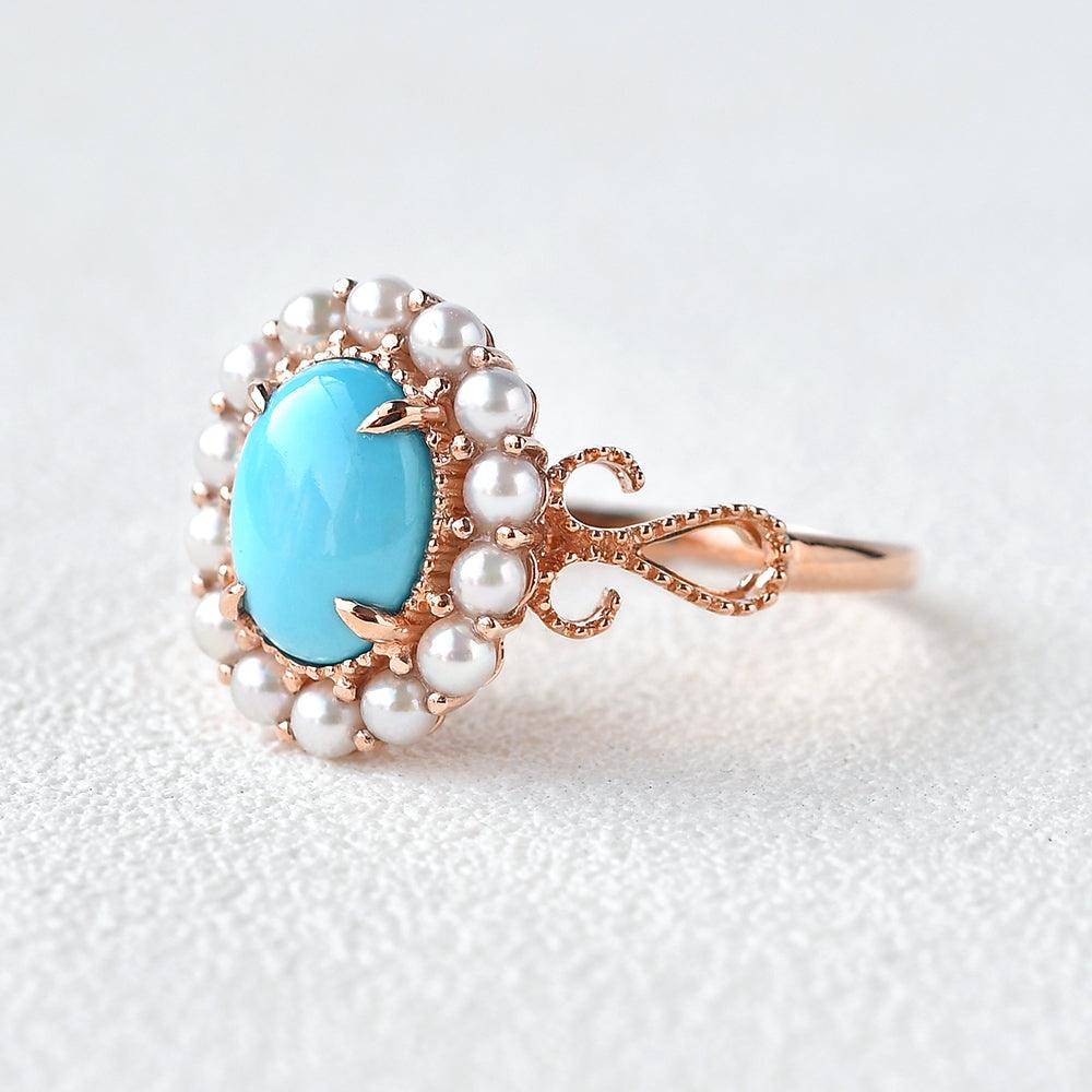 Turquoise & Pearls Rose Gold Ring - Felicegals