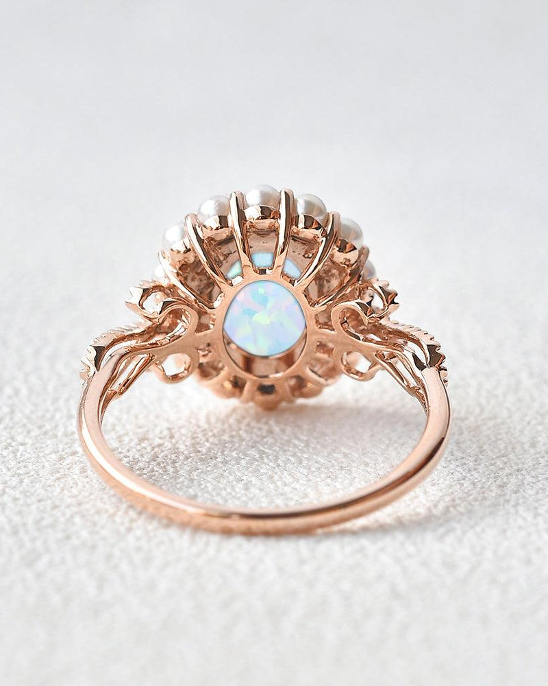 Oval Cut Lab Opal & Pearls Halo Rose Gold Ring - Felicegals 丨Wedding ring 丨Fashion ring 丨Diamond ring 丨Gemstone ring--Felicegals