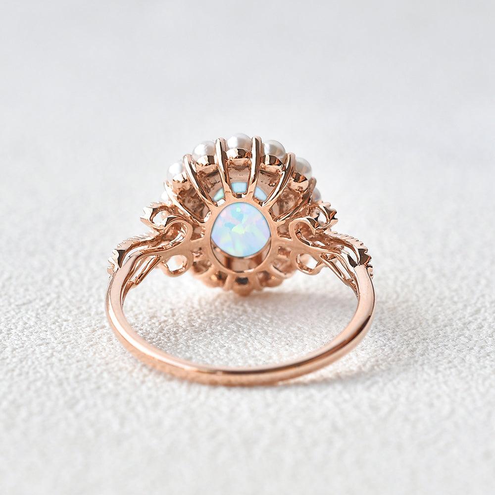 Oval Cut Lab Opal & Pearls Halo Rose Gold Ring - Felicegals 丨Wedding ring 丨Fashion ring 丨Diamond ring 丨Gemstone ring--Felicegals