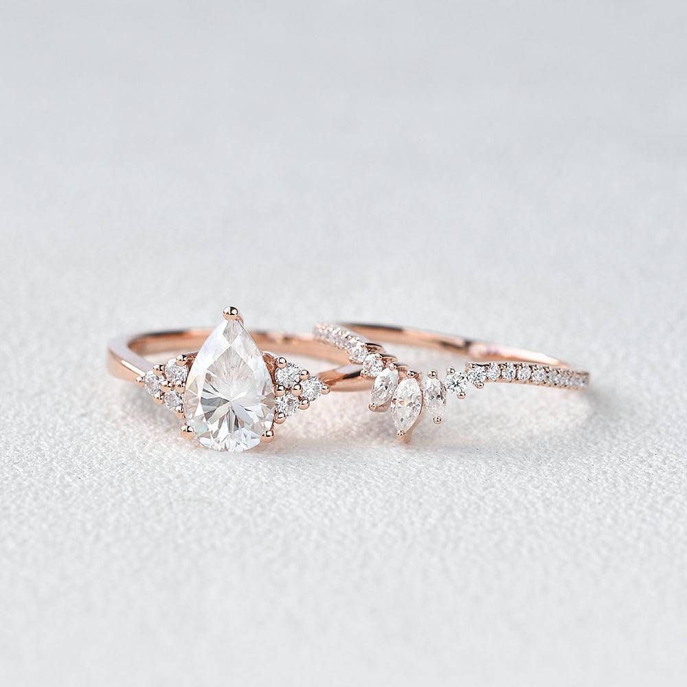 Pear Shaped Moissanite Rose Gold Ring Set 2pcs - Felicegals