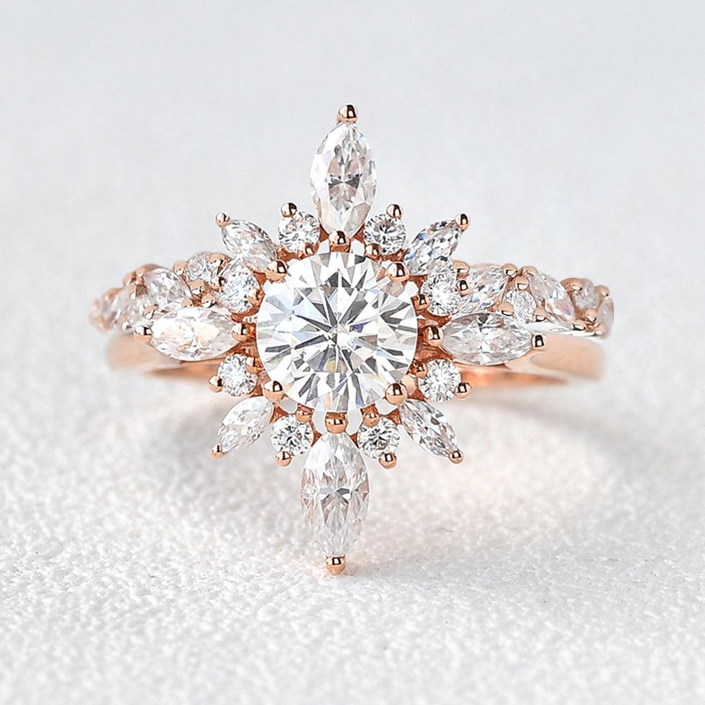 Flower Marquise Moissanite Cluster Ring Set 2pcs - Felicegals