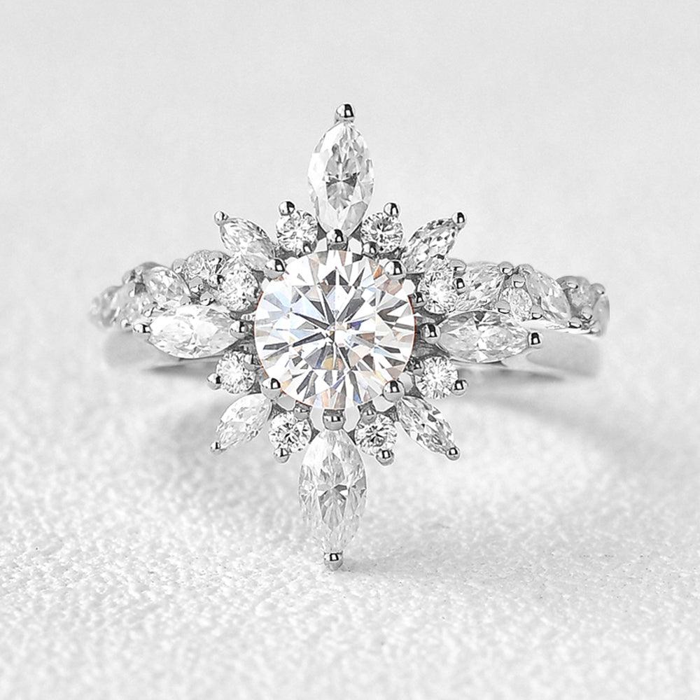 Flower Marquise Moissanite Cluster Ring Set 2pcs - Felicegals