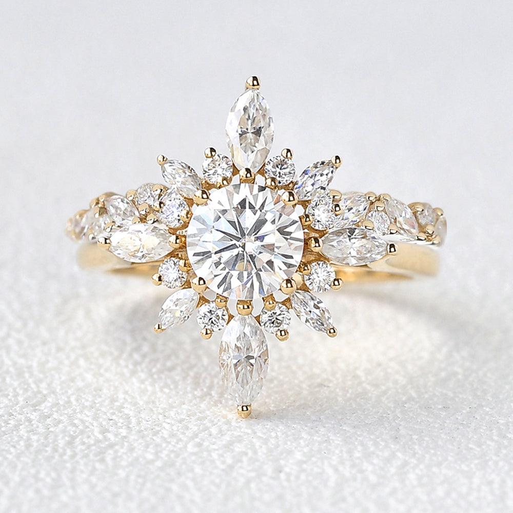 Flower Marquise Moissanite Cluster Ring Set 2pcs - Felicegals