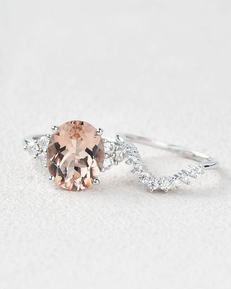 3ct Morganite Oval Classic Rose Gold Ring Set 2PCS - Felicegals 丨Wedding ring 丨Fashion ring 丨Diamond ring 丨Gemstone ring--Felicegals