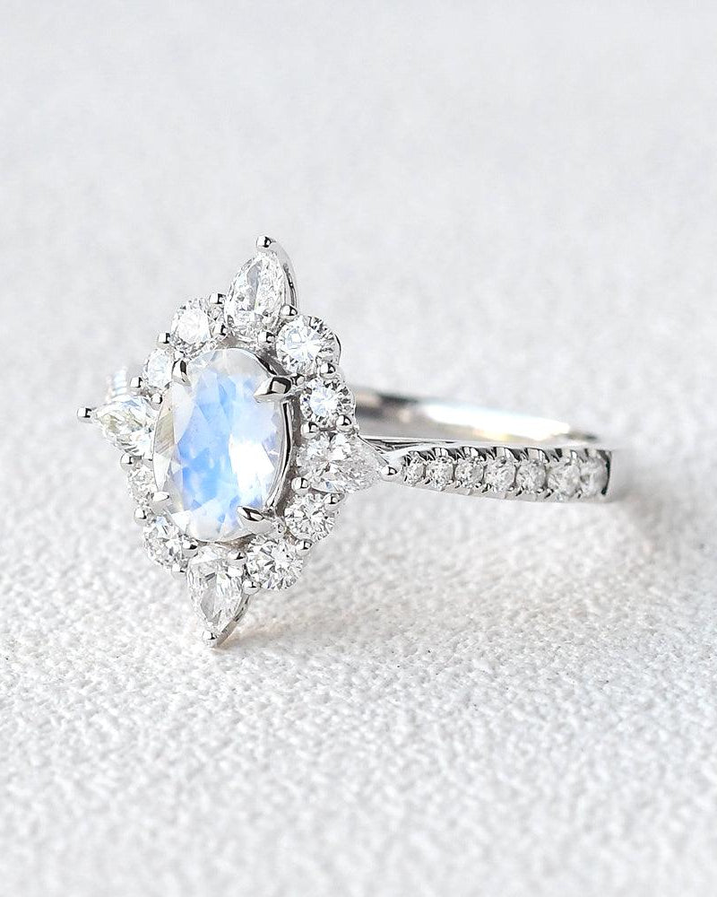 Moonstone & Moissanite Inspired Halo Ring - Felicegals