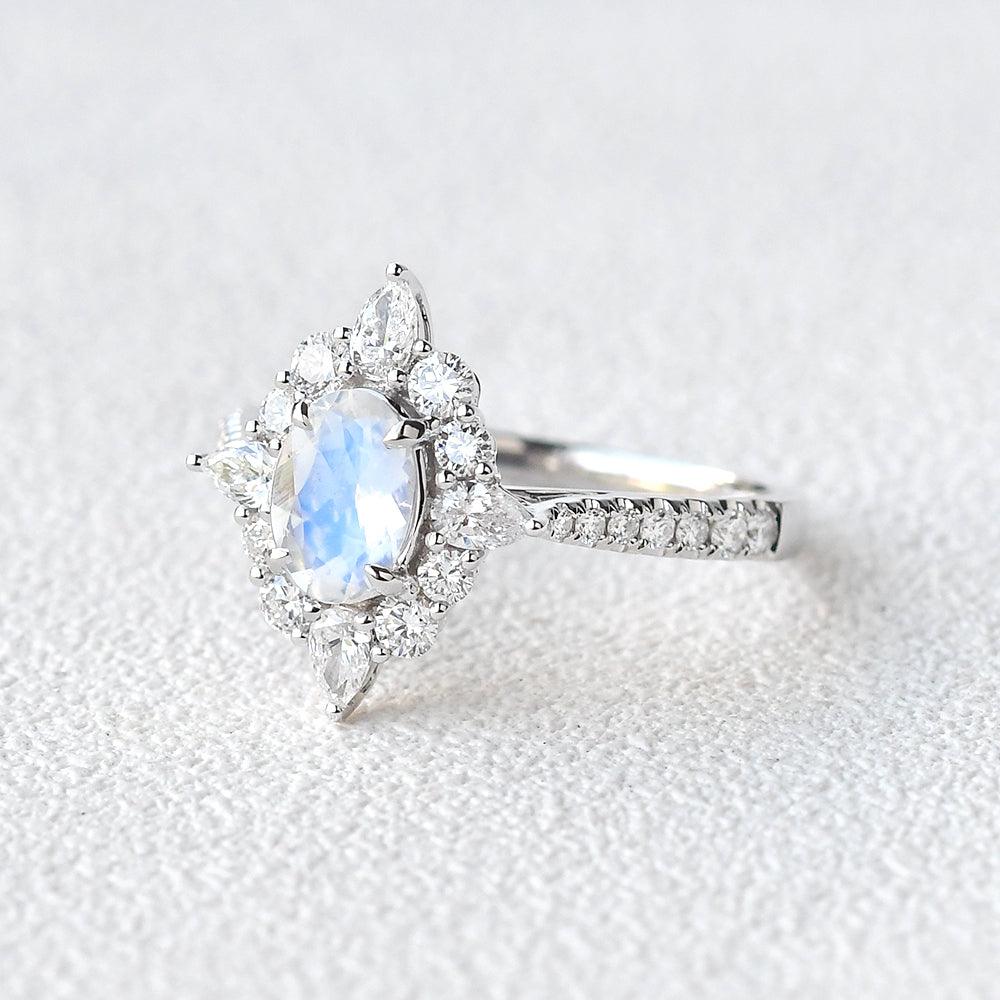 Moonstone & Moissanite Inspired Halo Ring - Felicegals