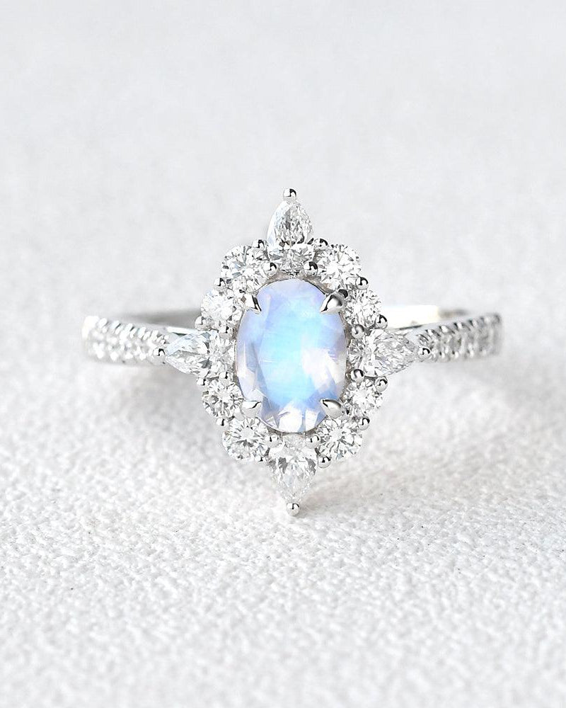 Moonstone & Moissanite Inspired Halo Ring - Felicegals