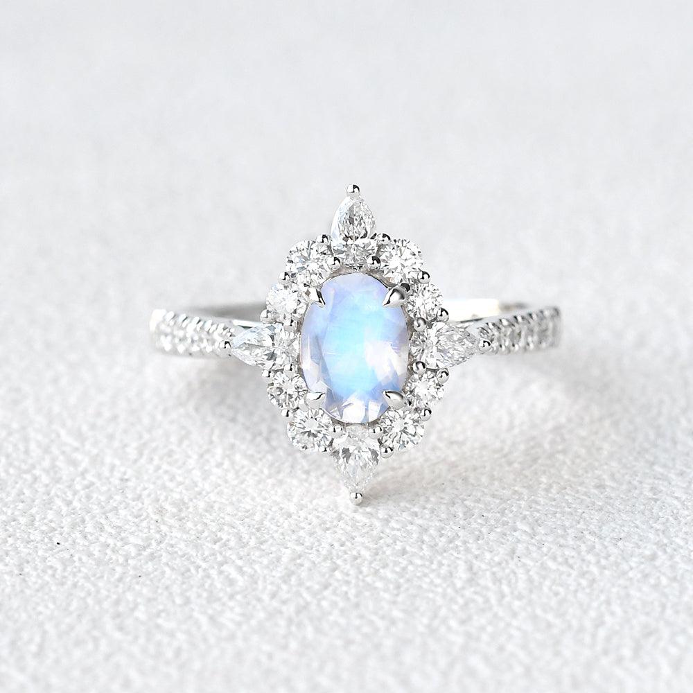 Moonstone & Moissanite Inspired Halo Ring - Felicegals