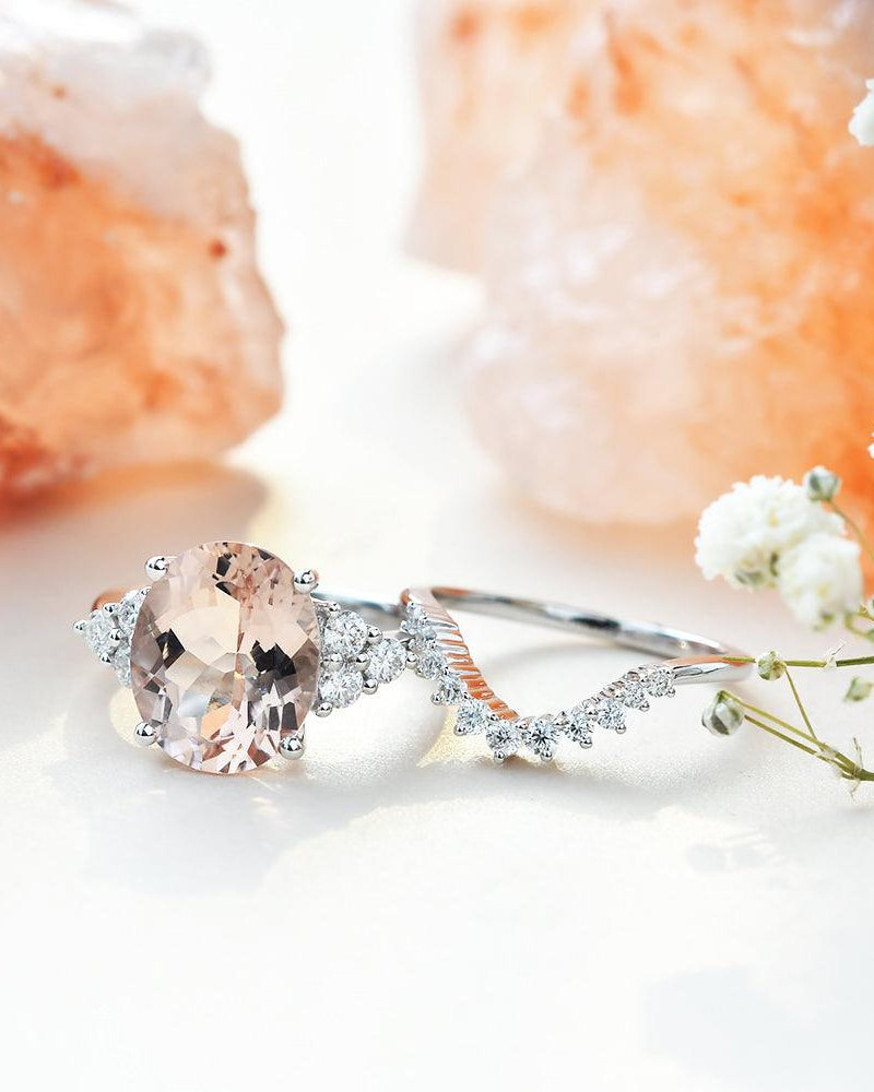 3ct Morganite Oval Classic Rose Gold Ring Set 2PCS - Felicegals 丨Wedding ring 丨Fashion ring 丨Diamond ring 丨Gemstone ring--Felicegals