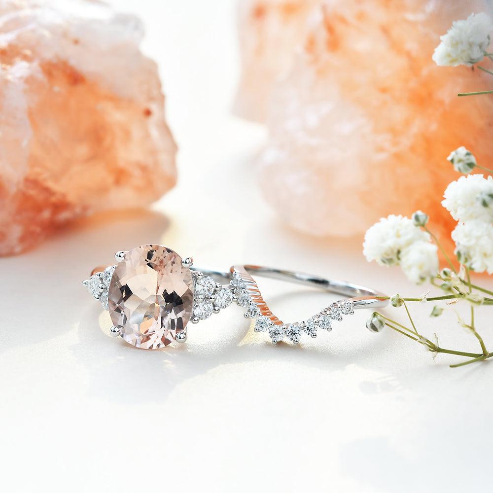 3ct Morganite Oval Classic Rose Gold Ring Set 2PCS - Felicegals 丨Wedding ring 丨Fashion ring 丨Diamond ring 丨Gemstone ring--Felicegals