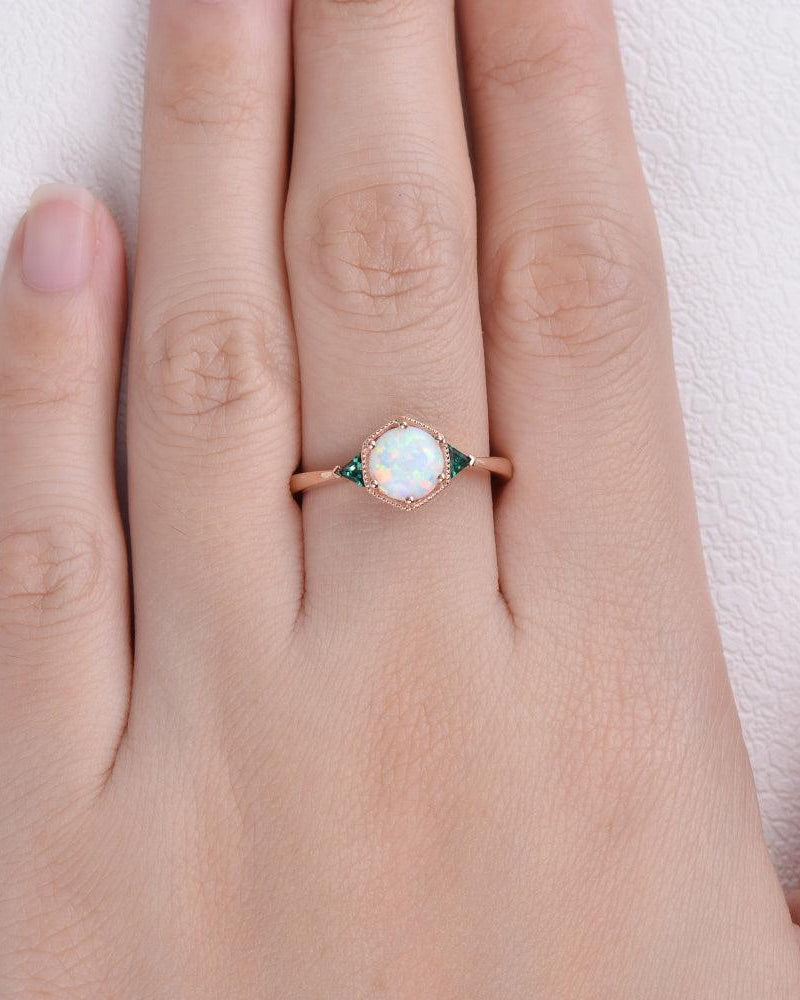 Lab Opal & Emerald Rose Gold Ring - Felicegals