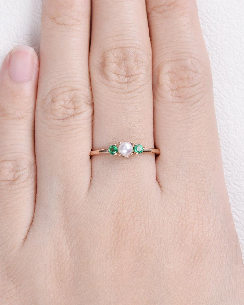 Akoya Pearl & Natural Emerald Rose Gold Ring - Felicegals