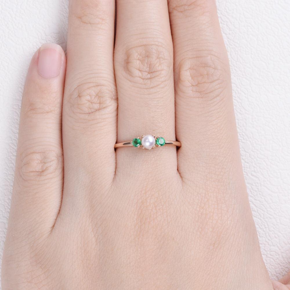 Akoya Pearl & Natural Emerald Rose Gold Ring - Felicegals