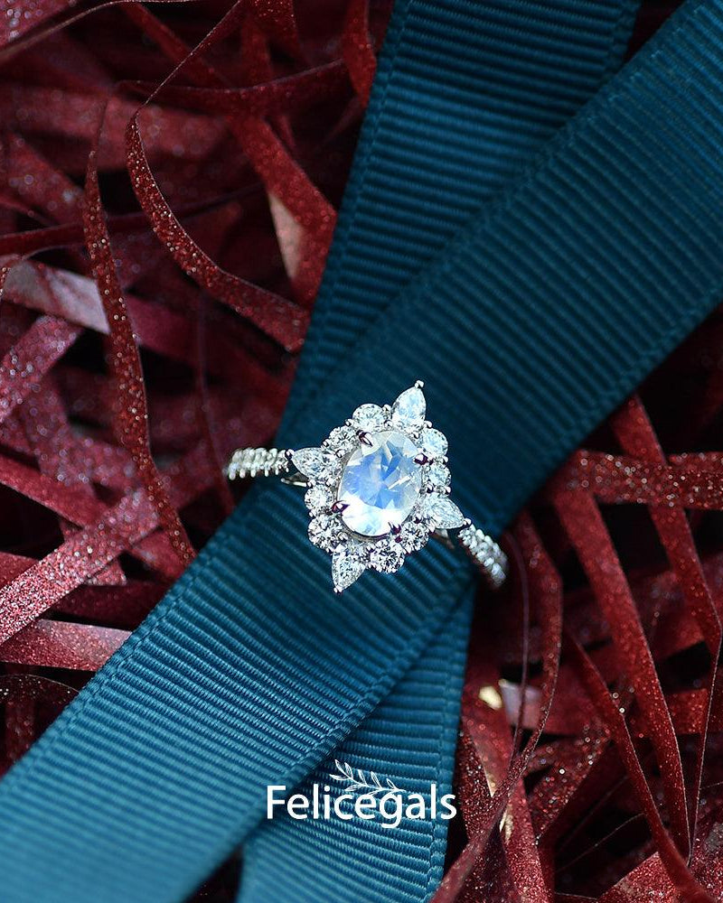 Moonstone & Moissanite Inspired Halo Ring - Felicegals
