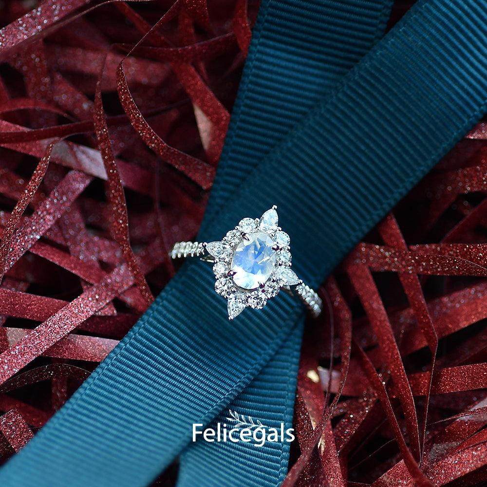 Moonstone & Moissanite Inspired Halo Ring - Felicegals