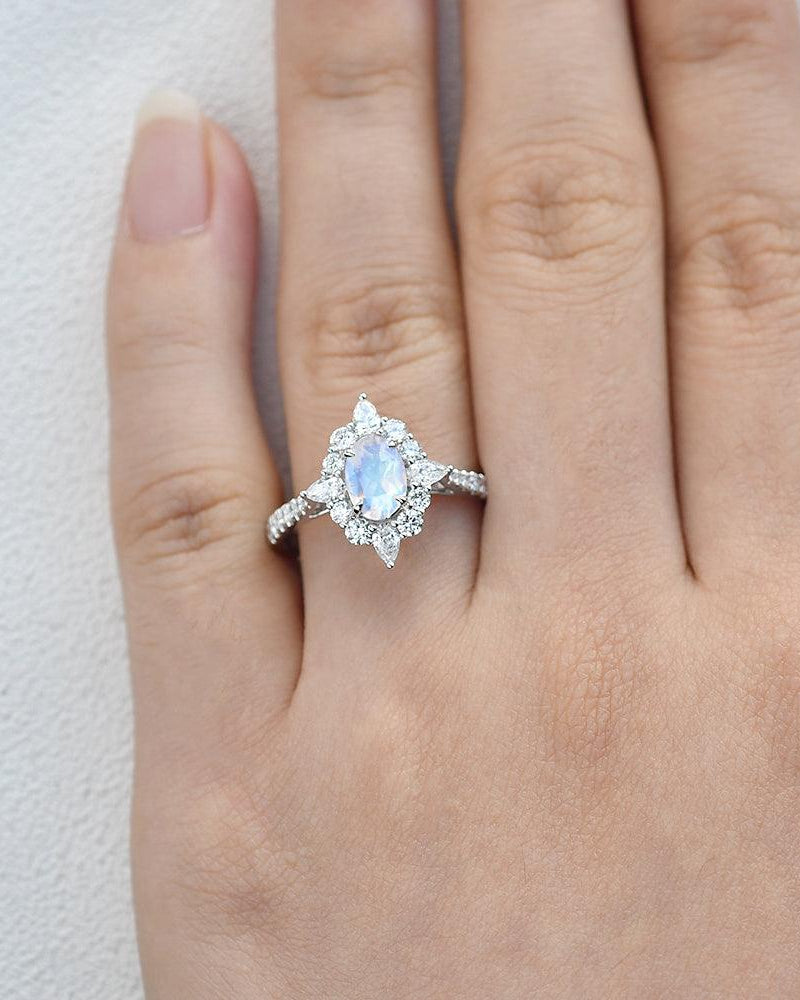 Moonstone & Moissanite Inspired Halo Ring - Felicegals