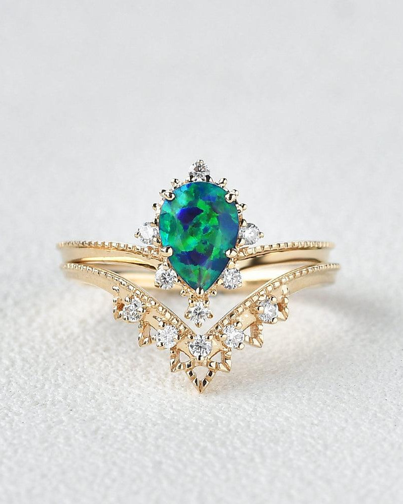 Lab Opal & Moissanite Stacking Yellow Gold Ring - Felicegals