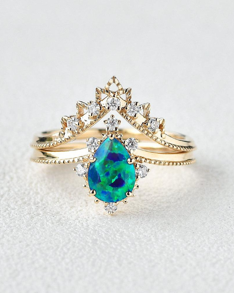 Lab Opal & Moissanite Stacking Yellow Gold Ring - Felicegals