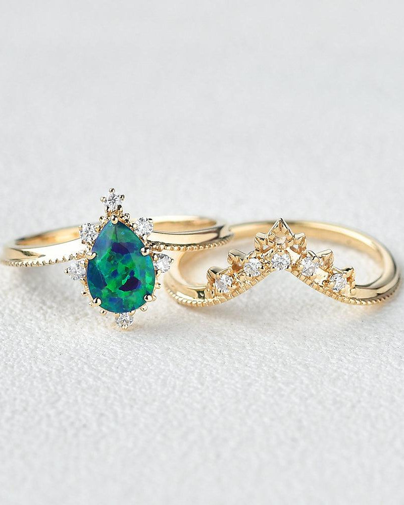 Lab Opal & Moissanite Stacking Yellow Gold Ring - Felicegals