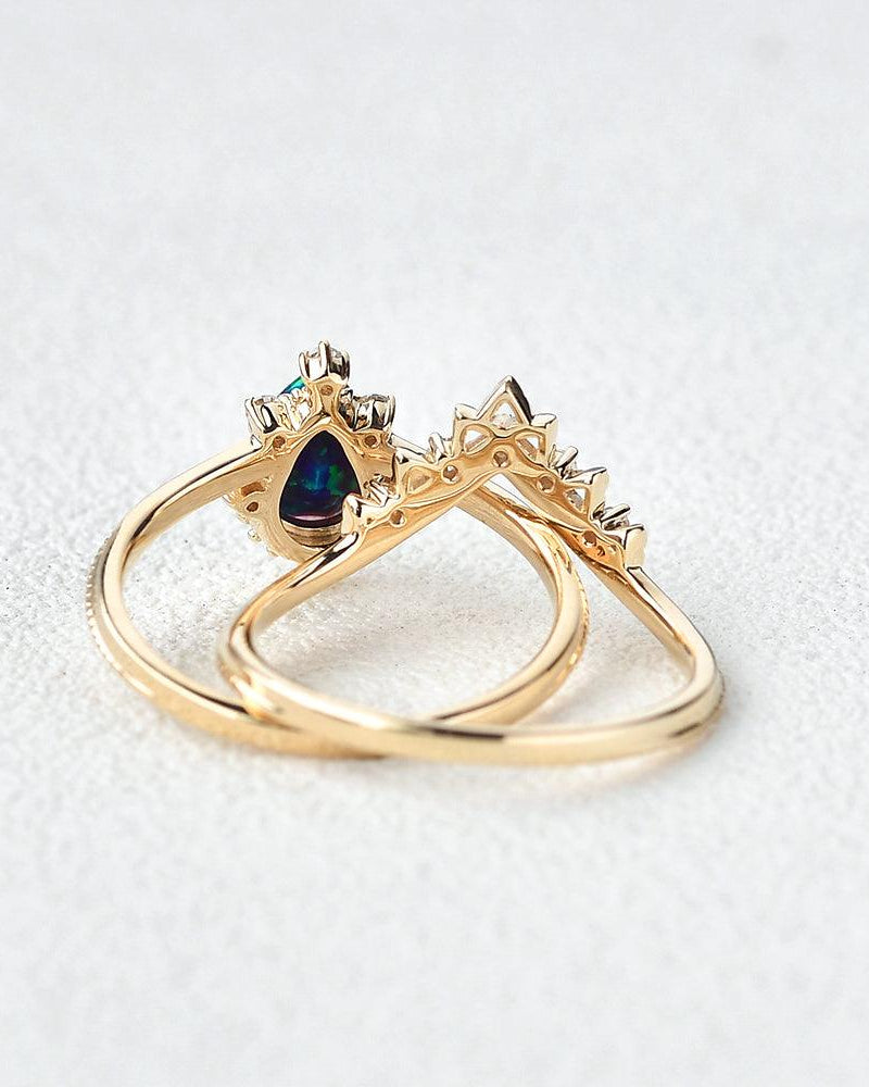 Lab Opal & Moissanite Stacking Yellow Gold Ring - Felicegals