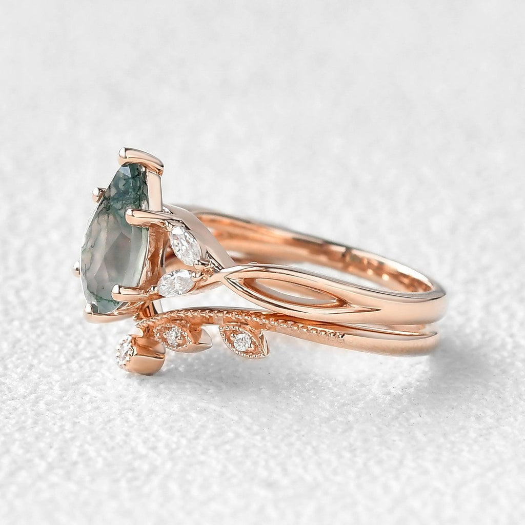 Pear Shaped Moss Agate Bridal Ring Set 2pcs - Felicegals 丨Wedding ring 丨Fashion ring 丨Diamond ring 丨Gemstone ring