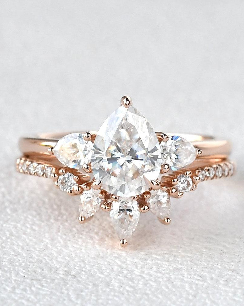 Pear Shaped Moissanite Three Stone Ring Set 2pcs - Felicegals