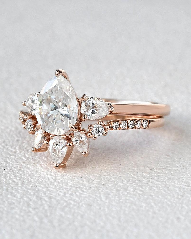 Pear Shaped Moissanite Three Stone Ring Set 2pcs - Felicegals