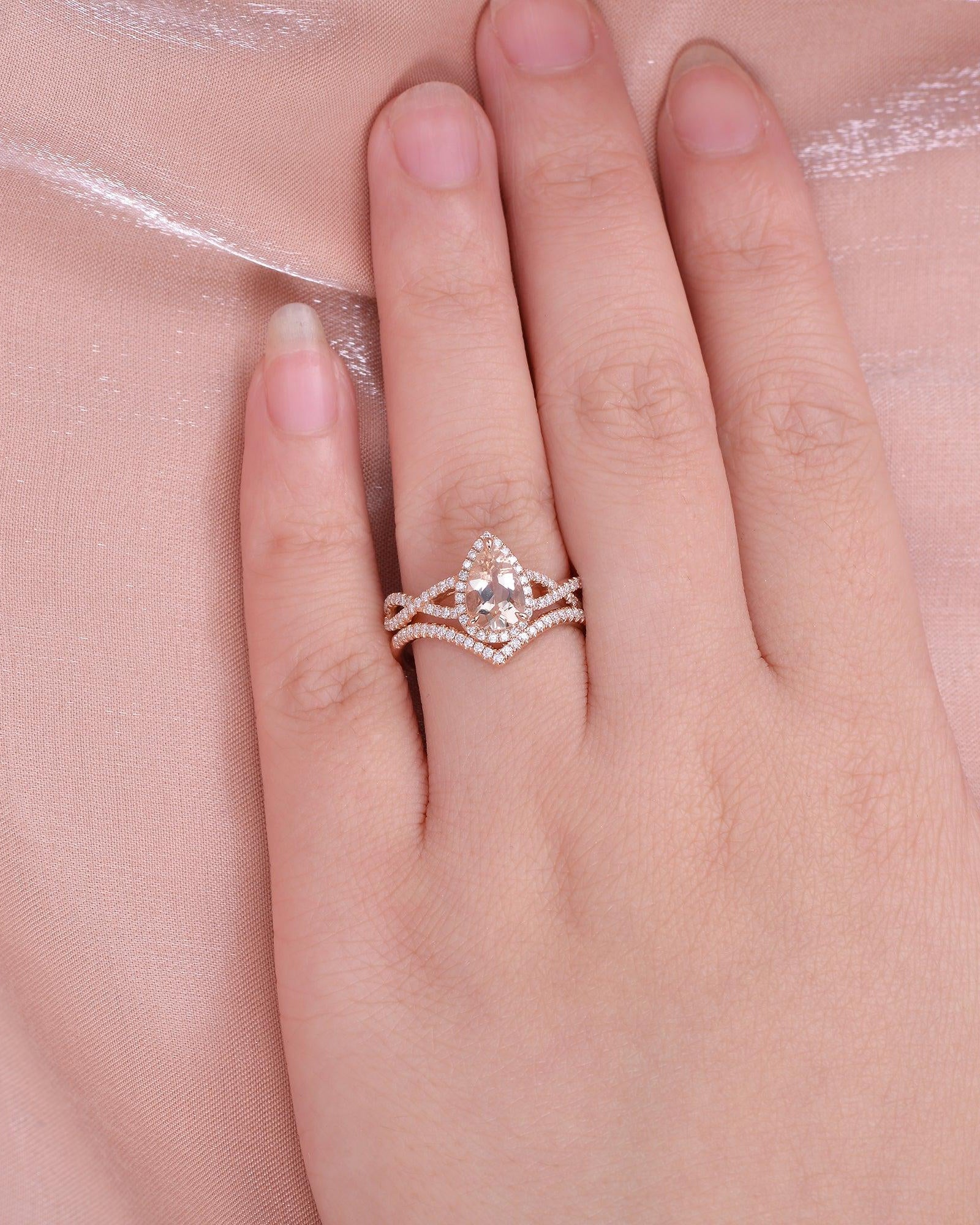 Felicegals Pear Shaped Morganite Gold Ring Set 2pcs - Felicegals 丨Wedding ring 丨Fashion ring 丨Diamond ring 丨Gemstone ring--Felicegals