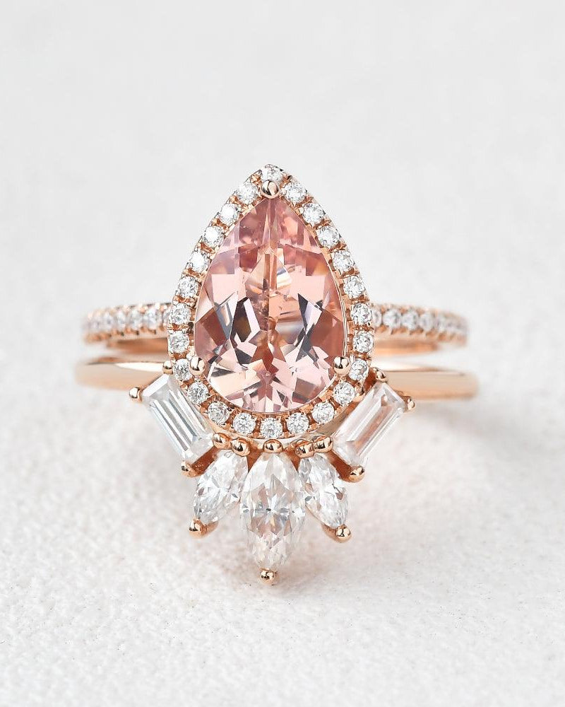 Felicegals Pear Shaped Peachy Morganite Vintage Ring Set 2pcs - Felicegals 丨Wedding ring 丨Fashion ring 丨Diamond ring 丨Gemstone ring-Rings-Felicegals 丨Wedding ring 丨Fashion ring 丨Diamond ring 丨Gemstone ring