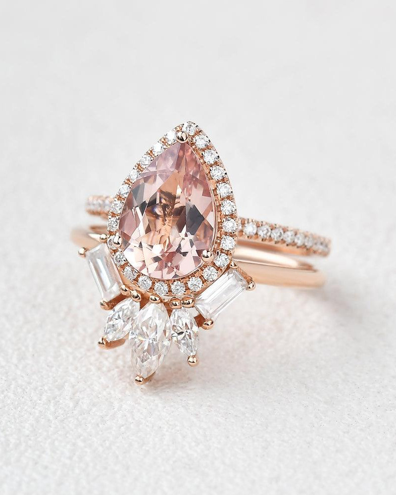 Felicegals Pear Shaped Peachy Morganite Vintage Ring Set 2pcs - Felicegals 丨Wedding ring 丨Fashion ring 丨Diamond ring 丨Gemstone ring-Rings-Felicegals 丨Wedding ring 丨Fashion ring 丨Diamond ring 丨Gemstone ring