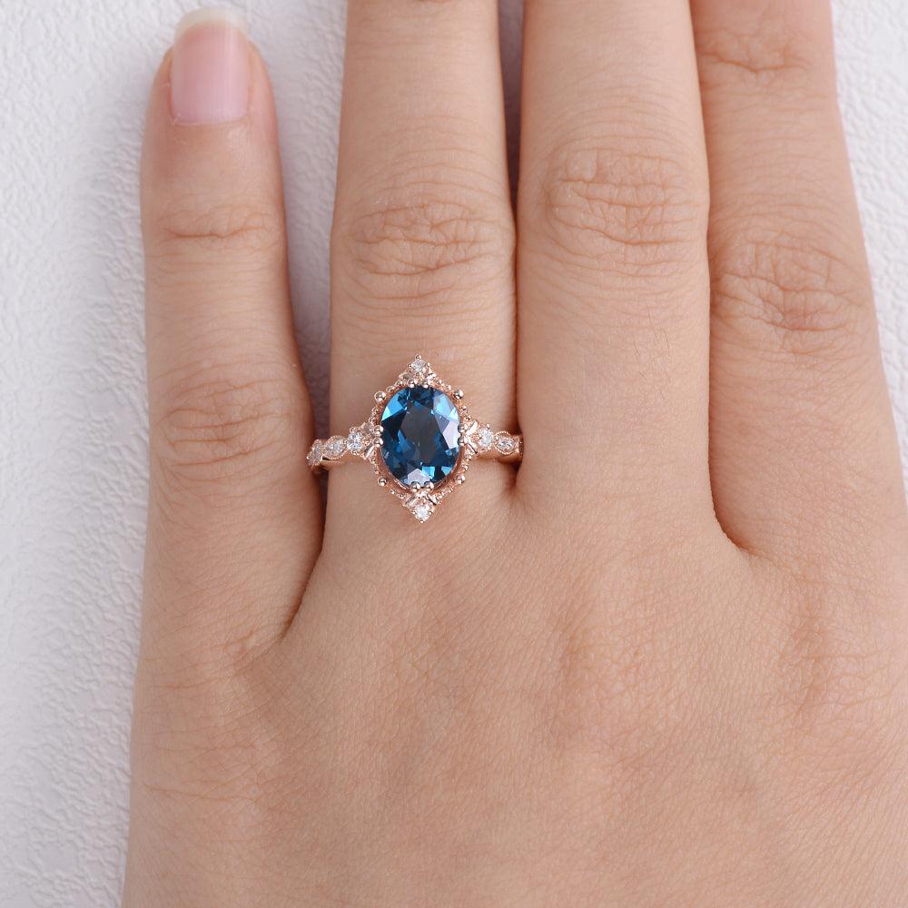 London Blue Topaz & Moissanite Art Deco Ring - Felicegals