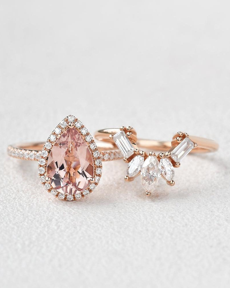 Felicegals Pear Shaped Peachy Morganite Vintage Ring Set 2pcs - Felicegals 丨Wedding ring 丨Fashion ring 丨Diamond ring 丨Gemstone ring-Rings-Felicegals 丨Wedding ring 丨Fashion ring 丨Diamond ring 丨Gemstone ring