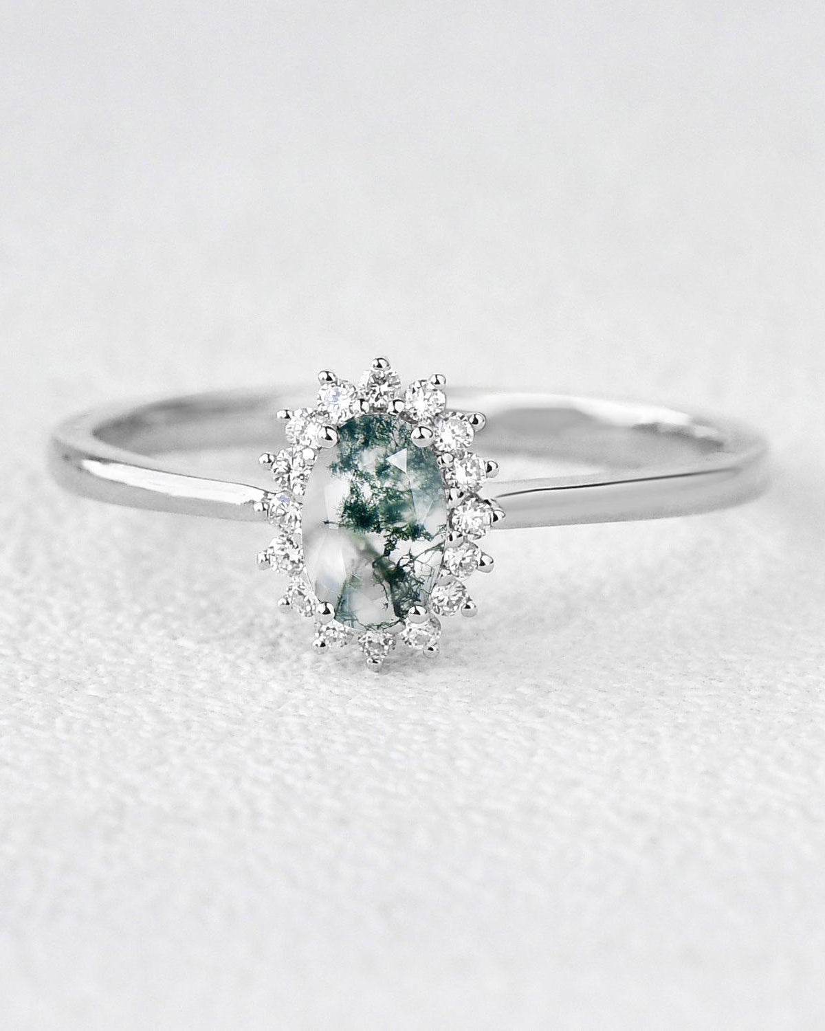 Oval Moss Agate & Moissanite White Gold Ring - Felicegals 丨Wedding ring 丨Fashion ring 丨Diamond ring 丨Gemstone ring