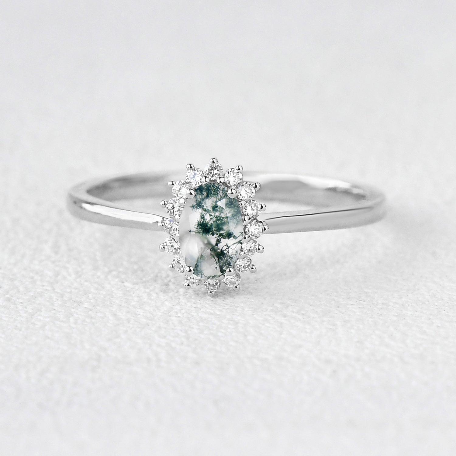 Oval Moss Agate & Moissanite White Gold Ring - Felicegals 丨Wedding ring 丨Fashion ring 丨Diamond ring 丨Gemstone ring